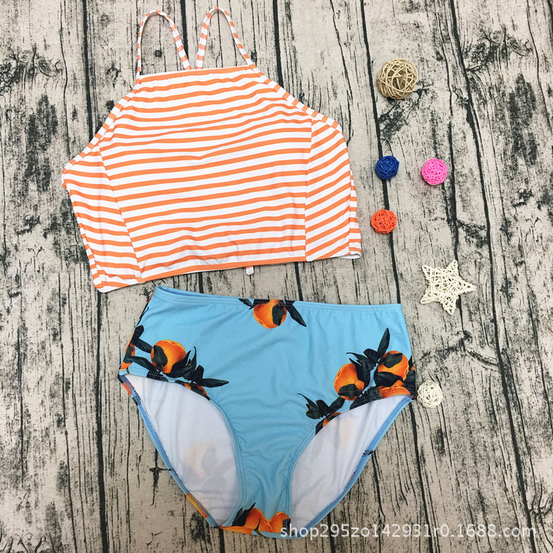 F4667Peachy Striped Switchback High-Waist Bikini Set